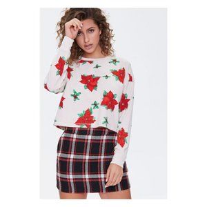 Forever 21 Waffle Knit Poinsettia Print Long Sleeve Top